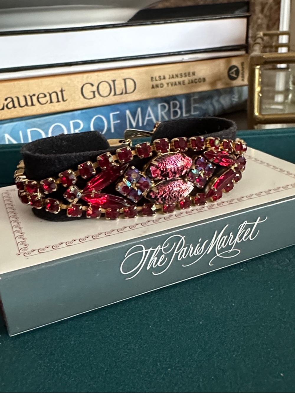 RARE 1960s Weiss or Julianna Red Rhinestone and Art Glass Bracelet